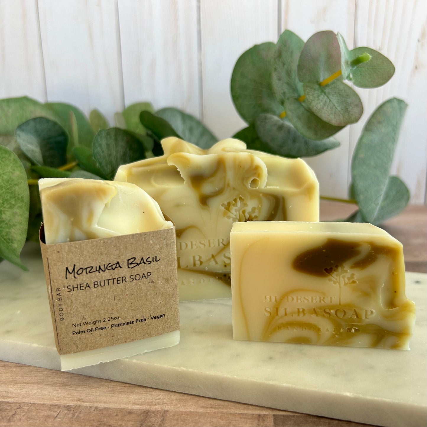 Moringa Basil Soap in full size bar and half size bar